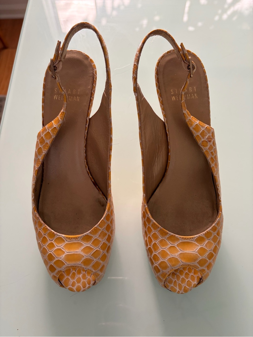 Stuart Weitzman Mustard Snake-Print Slingback Peep-Toe Heels